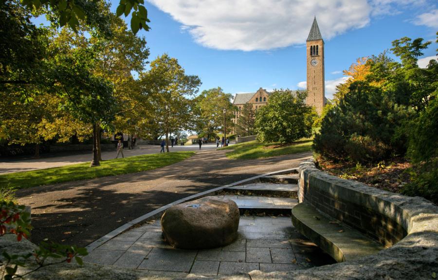 View of the Cornell clock tower from Ho Plaza in summertime