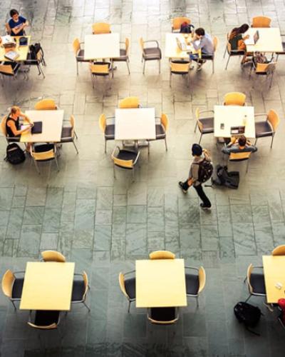 view from above of students seated at tables 