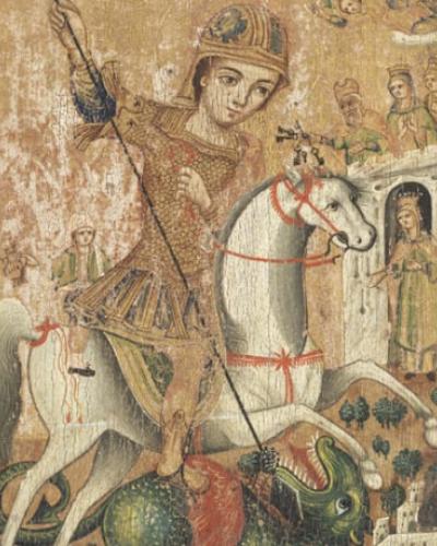 Icon of St. George and the Dragon, ca. 1700-1900, Tempera on panel, Gift of Professor and Mrs. Meyer H. Abrams, 97.005.004, Herbert F. Johnson Museum of Art, Cornell University